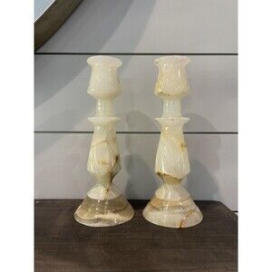 Vintage Carved Marble Candle Sticks 8” Brown Ivory